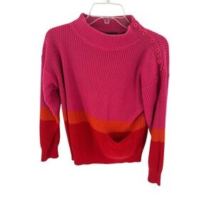 Nathalie B Striped Mock Neck Button‎ Shoulder Sweater Pink Orange Red Size S